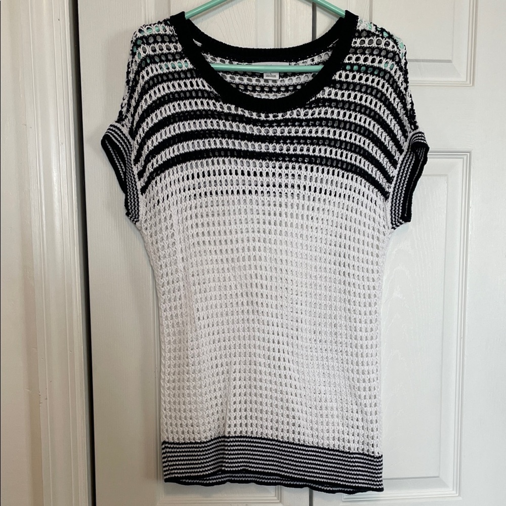 Liz Claiborne L Navy/White Open Knit Short Sleeve Tunic Sweater stripe